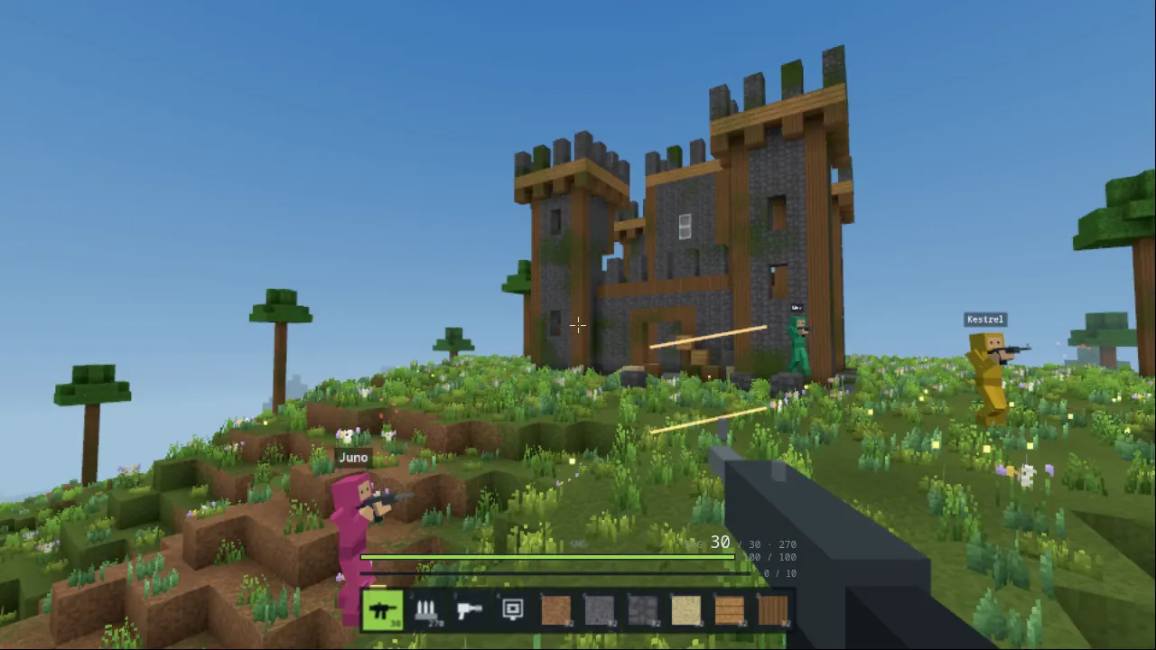 Three players named Juno, Mox and Kestrel firing at each other on a hillside below a keep