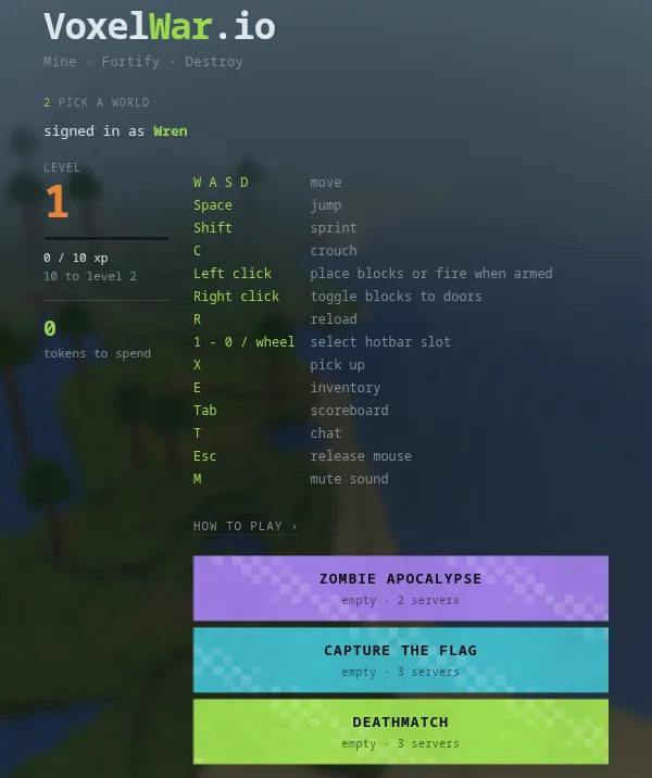 The lobby: your level and tokens, the list of keys, and a button each for Zombie Apocalypse, Capture the Flag and Deathmatch